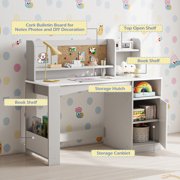 Reasea Kids Study Desk and Chair Set with Tiltable Desktop, Hutch & Storage - Wooden Writing Table for Ages 5-12, Grey
