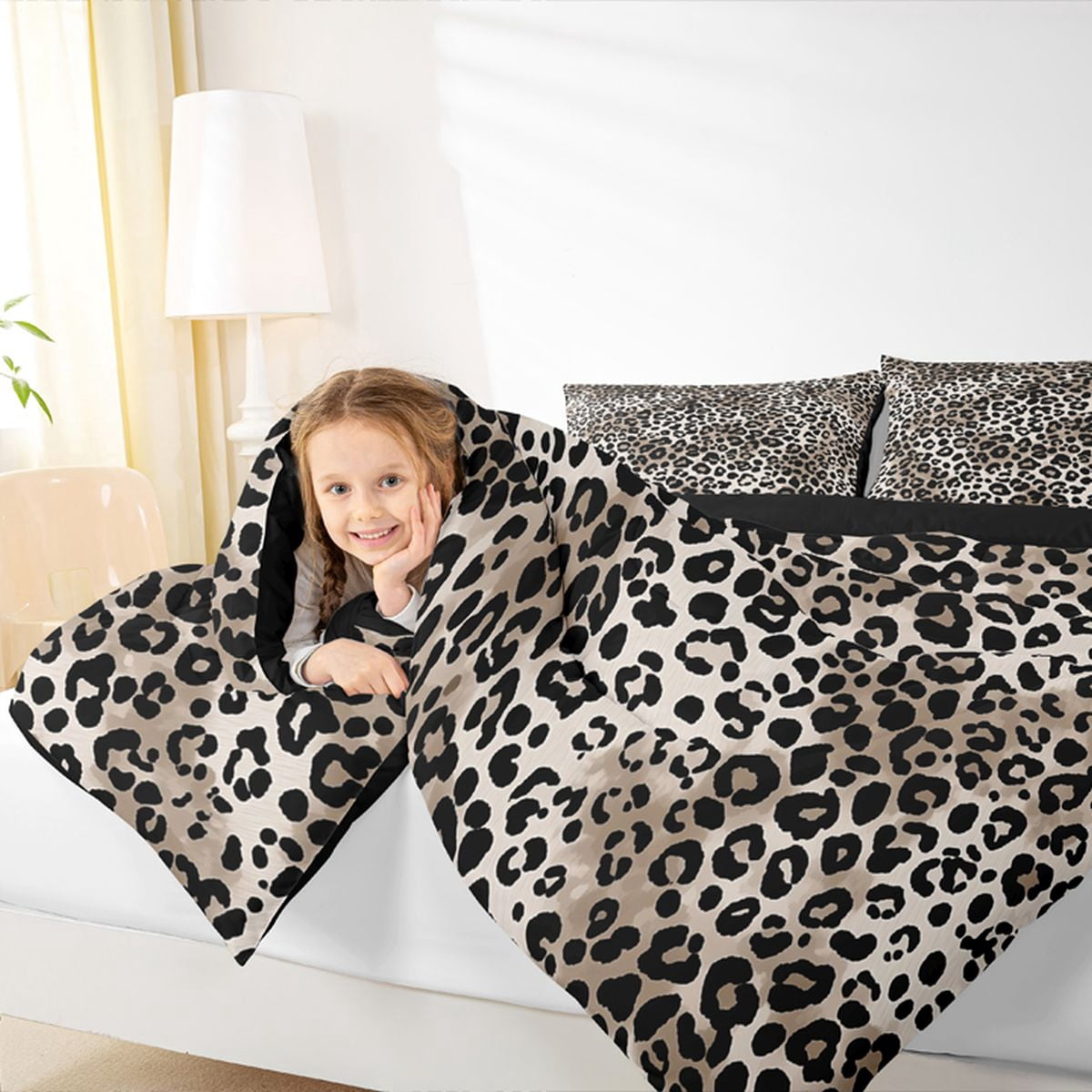 Erosebridal Leopard Printed Kid Full Size Comforter Sets, Farmhouse Cheetah Print Bedding Sets, Black Reverisble, 3 Pieces