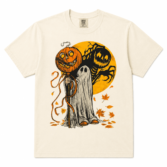Halloween Pumpkin Ghost Graphic T-Shirt, Spooky Moon Monster Design Tee, Vintage Fall Horror Shirt