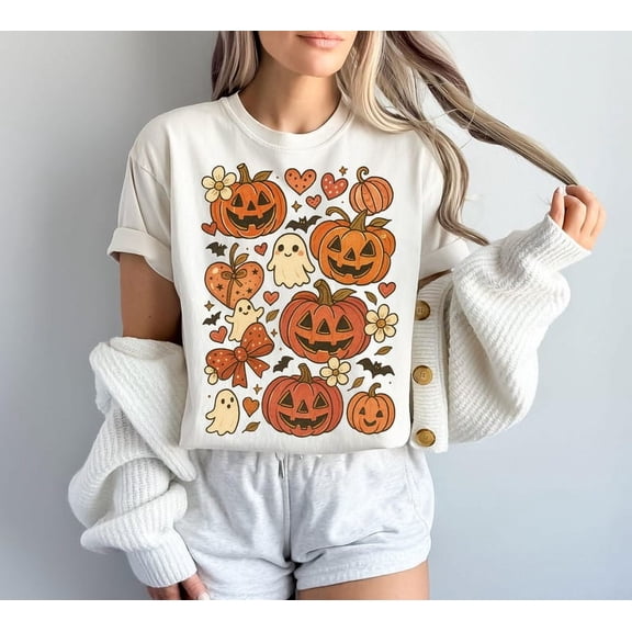 Boho Halloween T-Shirt, Retro Halloween Graphic Tee, Cute Ghost Pumpkin Bow Shirt, Pink Fall Pumpkin Halloween Tee, Halloween Shirt Design