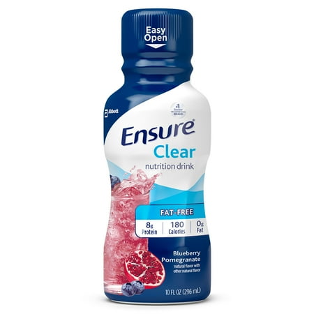 Ensure Clear Nutrition Drink, 0g fat, 8g of high-quality protein, Blueberry Pomegranate, 10 Fl oz, 4 Ct