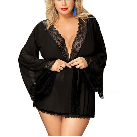 

Women S Plus Size Erotic Lingerie Sexy Bandage Long-Sleeved Nightgown Lace Stitching Nightdress Black M