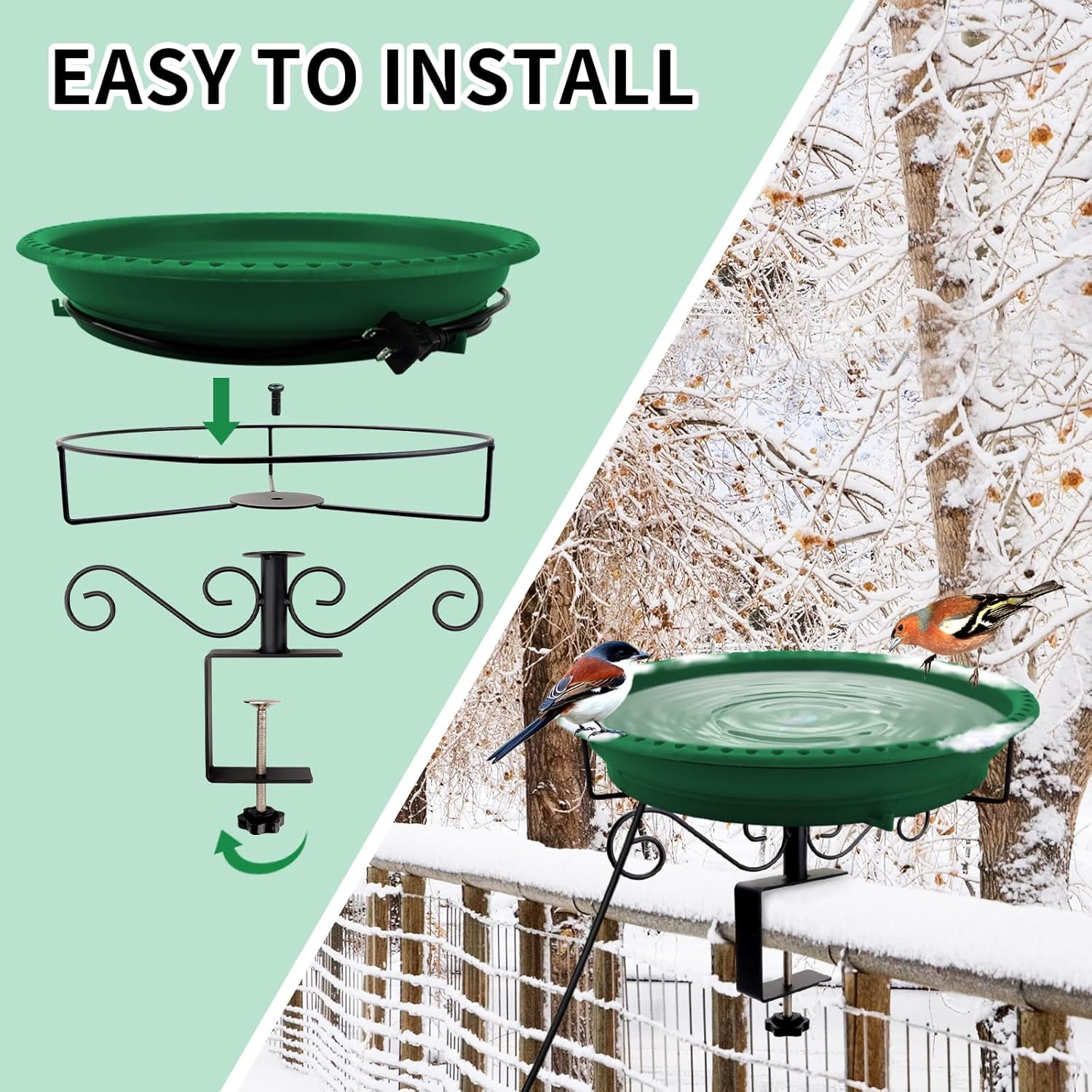 Heated Bird Bath for Deck Railing, 100W Thermostatically Controlled Heated Bird Baths for Outdoors Bird Bath Heater, Heated Birdbath for Outside Winter Garden Patio Yard(Green)