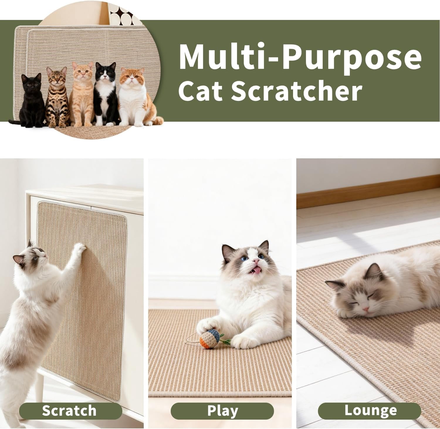 THBN Cat Scratcher Mat, 23.6"x 15.7" Natural Sisal Cat Scratch Mat with Velcro Tape, Scratching Rug Pad for Indoor Cats, Furniture Protector, Floor Carpet, Wall Pad, M, Beige