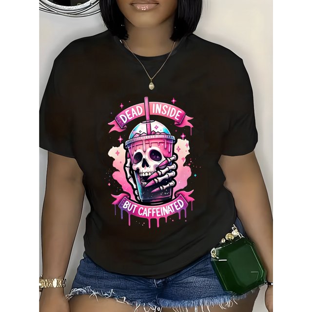 Halloween T-shirt - Cartoon Skull Drink Graphic T-Shirt for Women - Casual Cotton Short Sleeve with Round Neck, Slight Stretch, Easy-Care Fabric, Spring/Summer Collection
