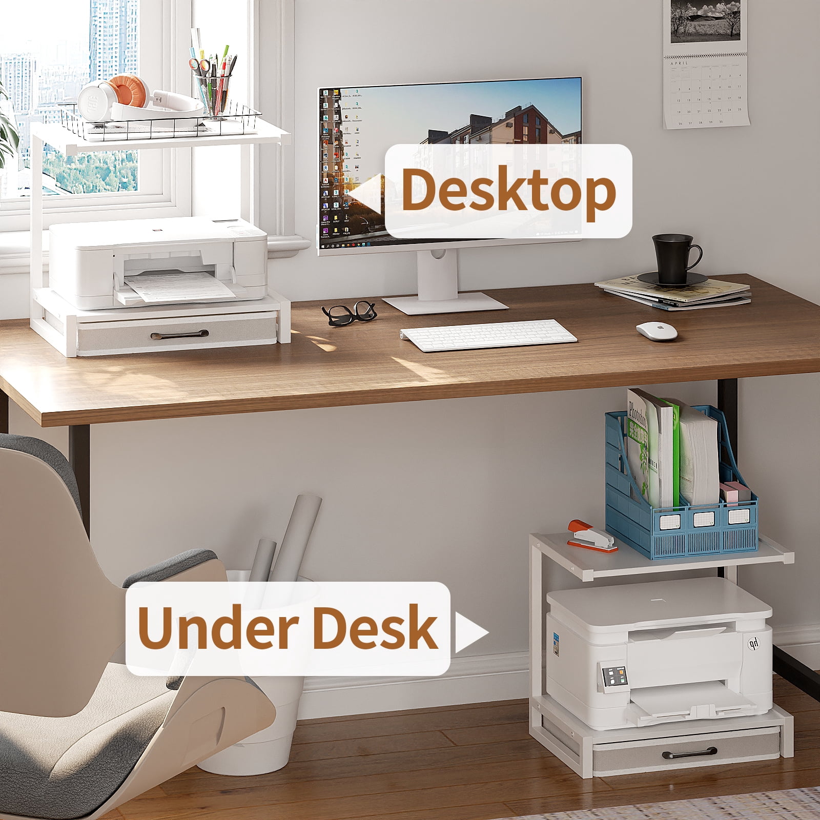 MIN EN WIN 2-Tier Monitor Stand Riser with Fabric Drawer, Sturdy Desk Organizer for Adult Home Office