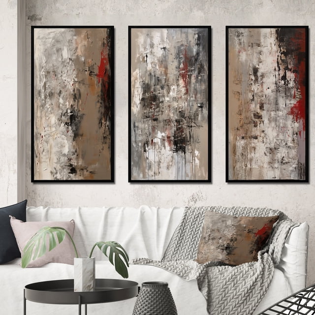 Designart "Fading Passion Retro Beige and Red Abstract II" Abstract Painting Framed Wall Art Set Of 3 - Red Modern Frame Gallery Wall Set For Home Decor