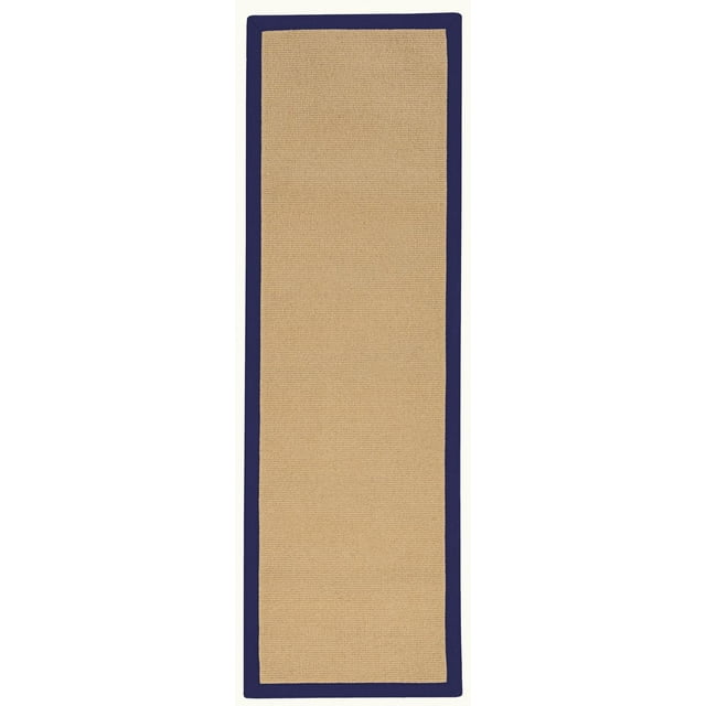 Athena runner rug featuring a natural sisal woven center with a deep blue fabric border, measuring 2'6" x 12'.