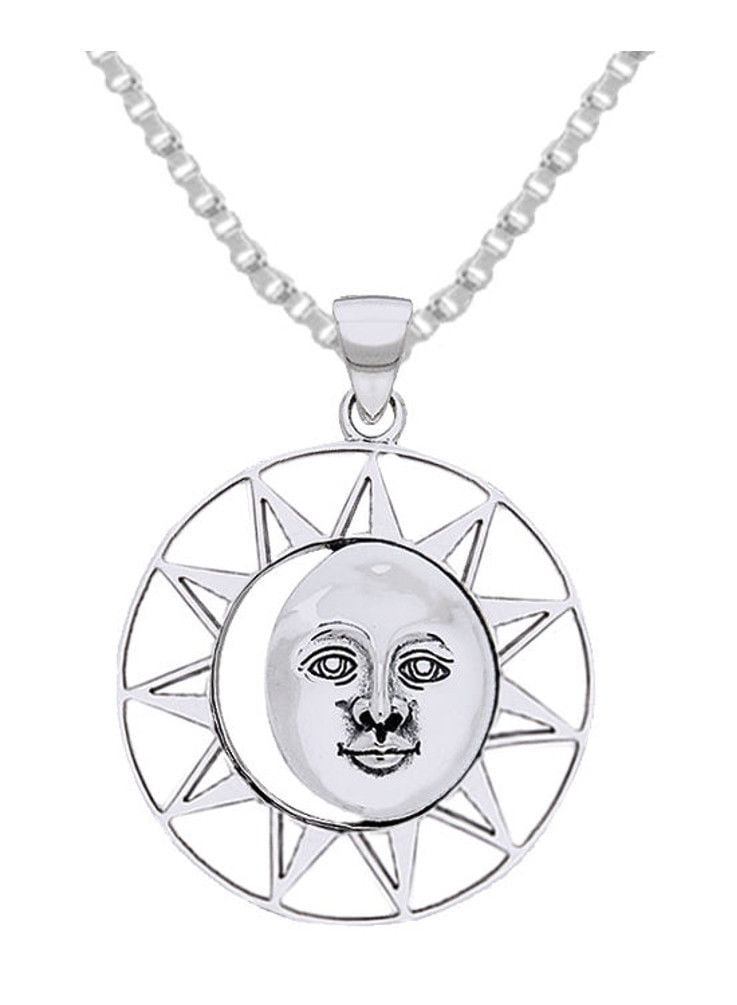 New 0.925 Sterling Silver Sun and Moon Charm Pendant Necklace