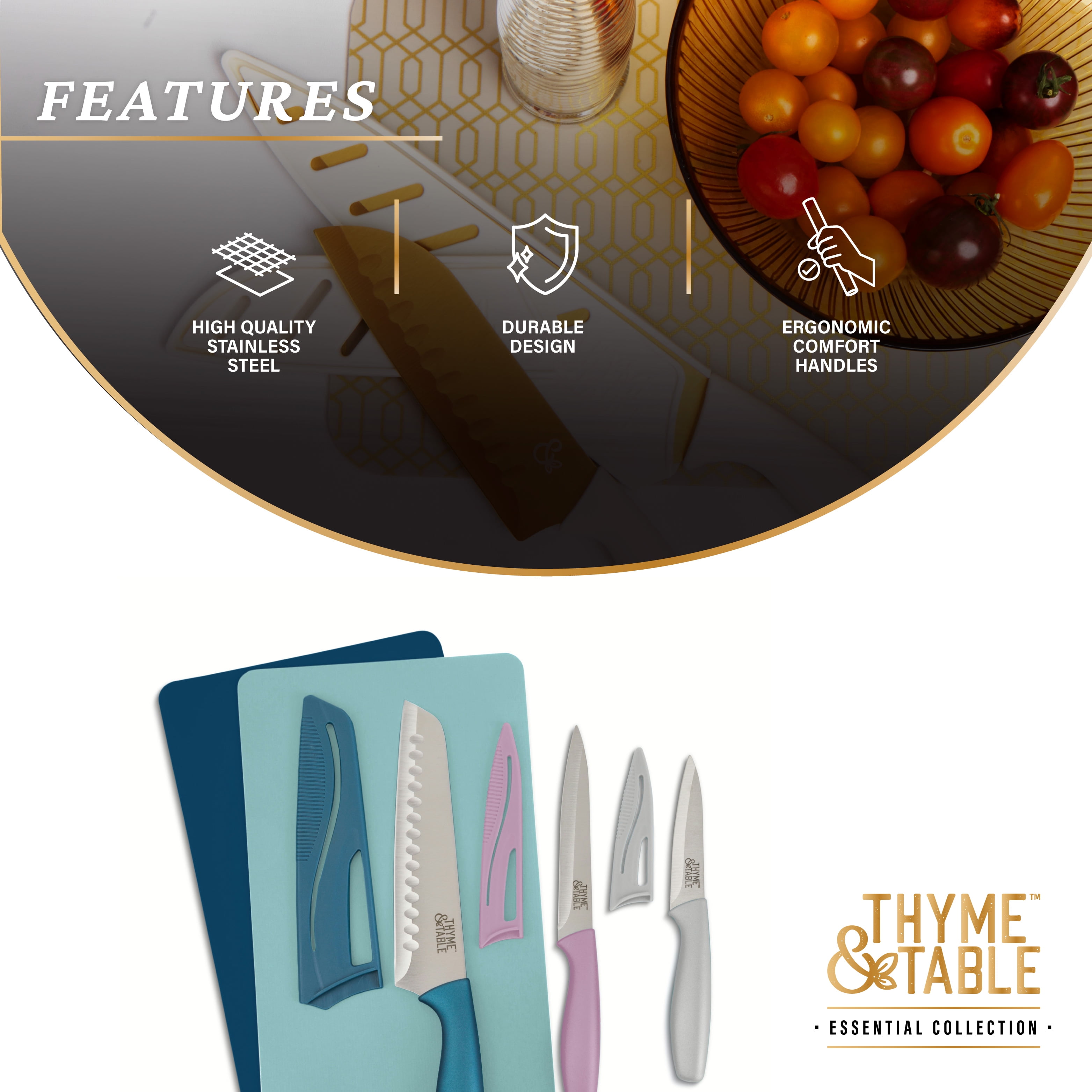 Thyme & Table Knife & Cutting Mat 5-Piece Set, Teal 