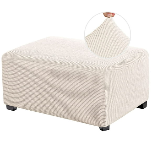 PrinceDeco Stretch Ottoman Cover Slipcovers Rectangle for Living Room Foot Stool Covers to Fit Ottoman Foot Rest, Thick Checked Jacquard Fabric with Elastic Bottom (Oversized Ottoman, Off White)