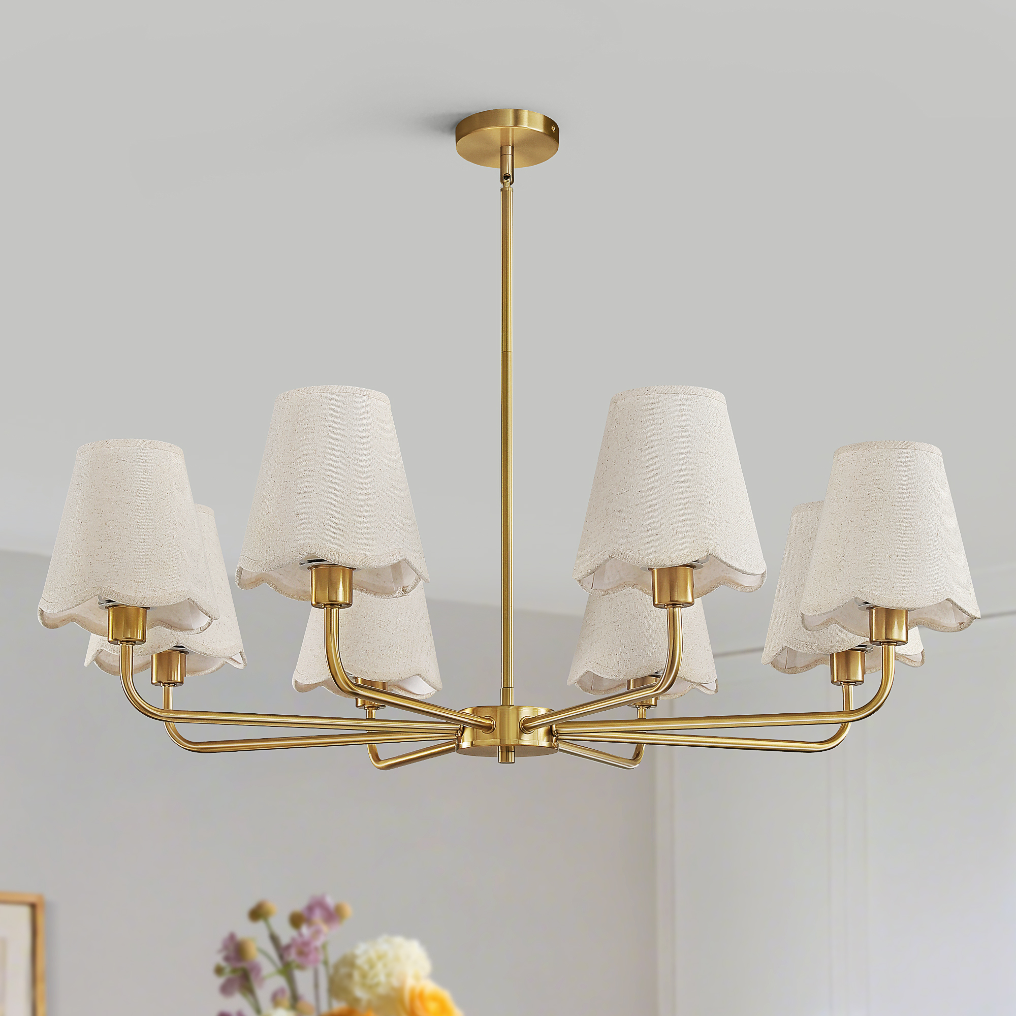 5-Light Gold Modern Farmhouse Chandelier with Wavy Fabric Shades for Dining Room