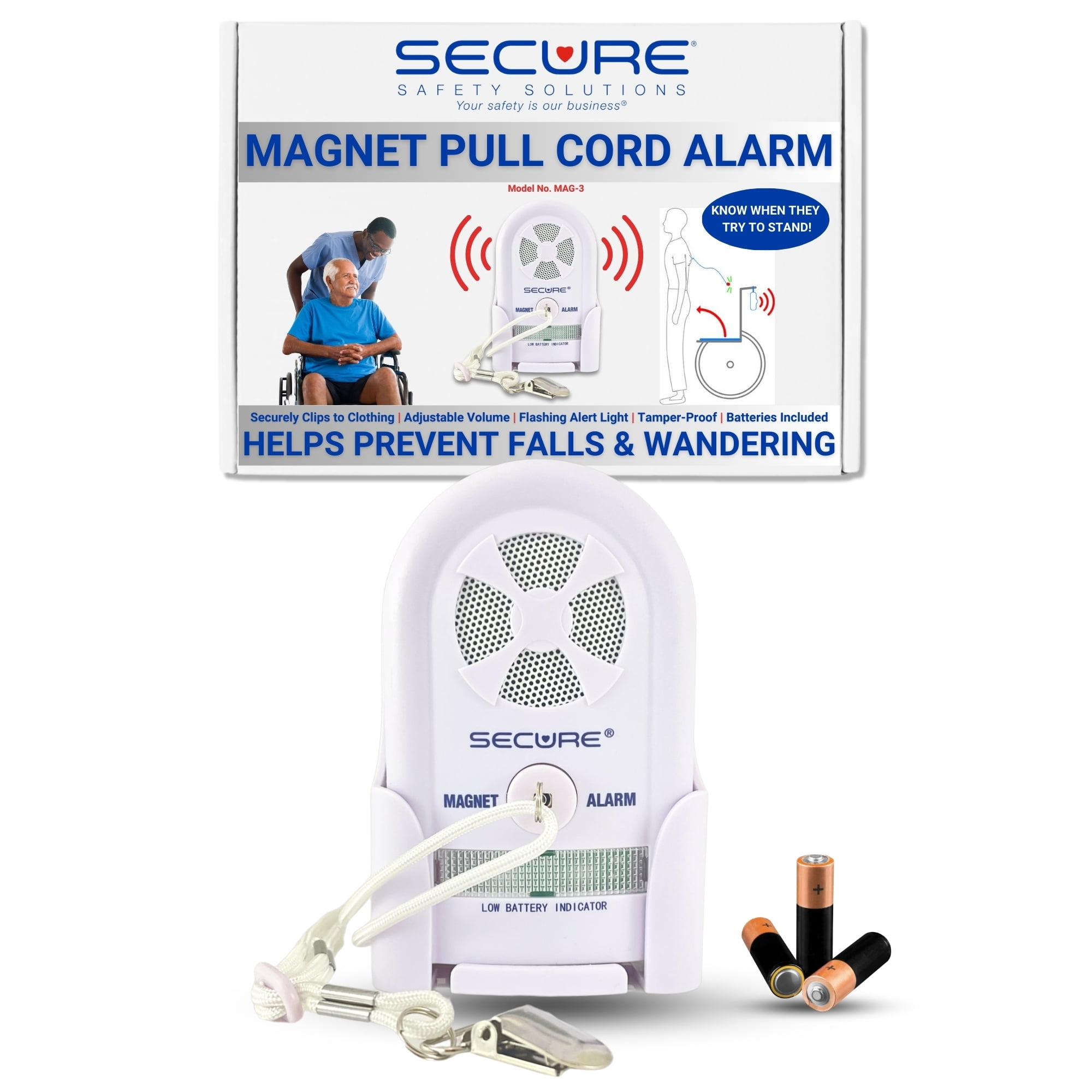 Secure Safety Solutions Magnet Pull Cord Chair and Bed Alarm for Elderly Adults - Fall Prevention for Dementia Patients, Caregiver Alert System, Seniors Room Wheelchair Monitor, Motion Sensor