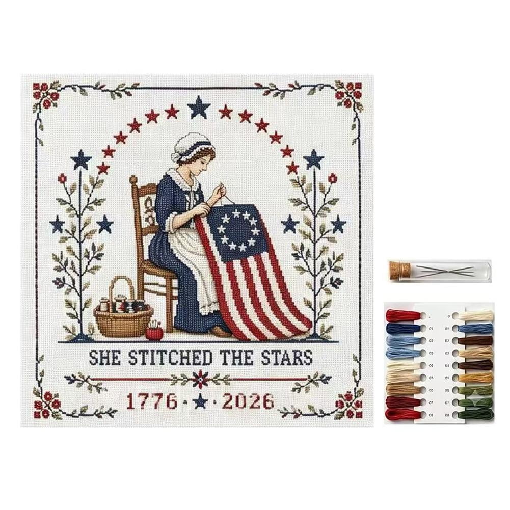 Patriotic Cross Stitch Kit 25x25cm DIY Embroidery Set with Cotton Thread for Home Wall Art Decor