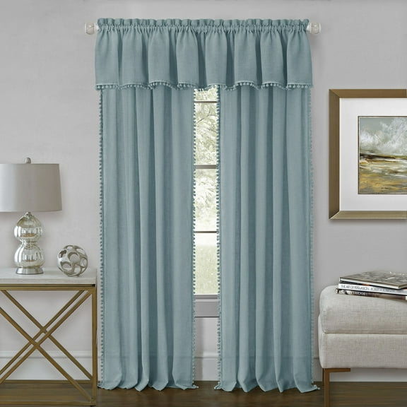 PowerSellerUSA Pom Pom Curtains, Set of 2 Window Curtain Panels, Semi Sheer Curtains for Kitchen and Living Room, Premium Light Filtering Curtains, Light Blue, 52" W x 63" L