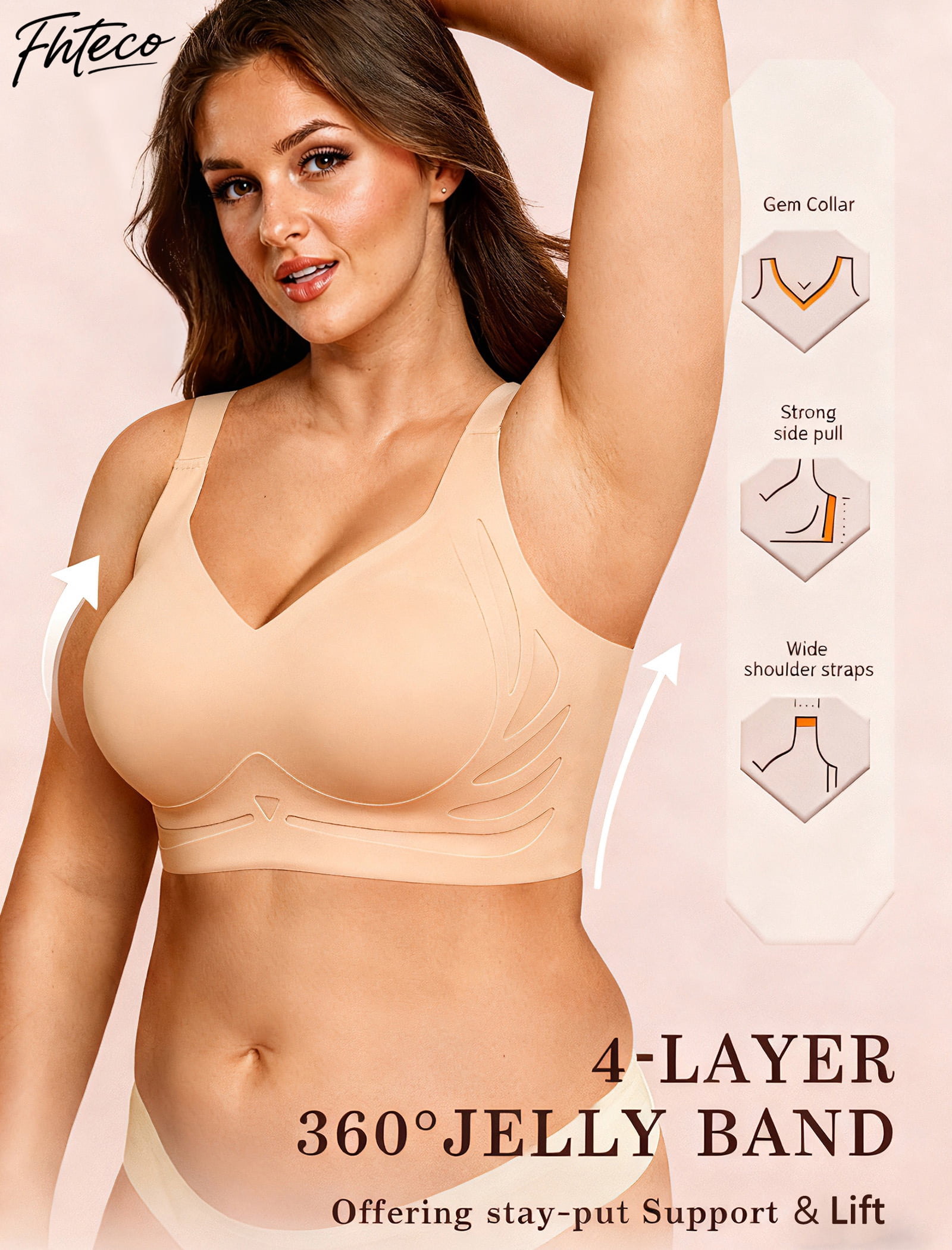 FHTECO Jelly Smoothing Bra Anti Sagging Wireless Push Up Bras for Women No Underwire Full Coverage Bra Seamless Bras for Women