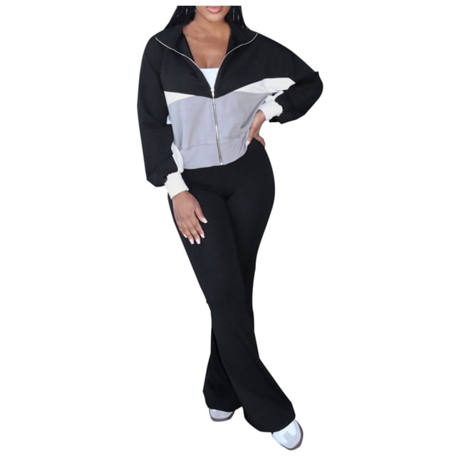 RXMEKW Color-Block Zipper Tracksuit Set for Women Polyester Casual Two-Piece Lounge Set Black