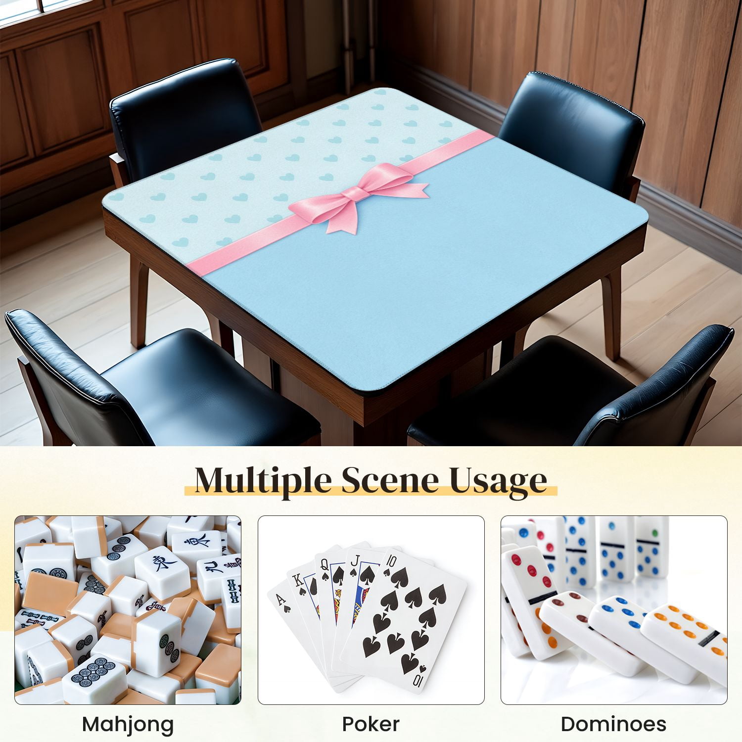 Mahjong Mat 31.5" x 31.5" Blue Pink Heart Bow Ribbon Light Blue Non-Slip Noise Reduction Mahjong Tiles Table Cover for Dominoes Poker Card Board and Tile Games