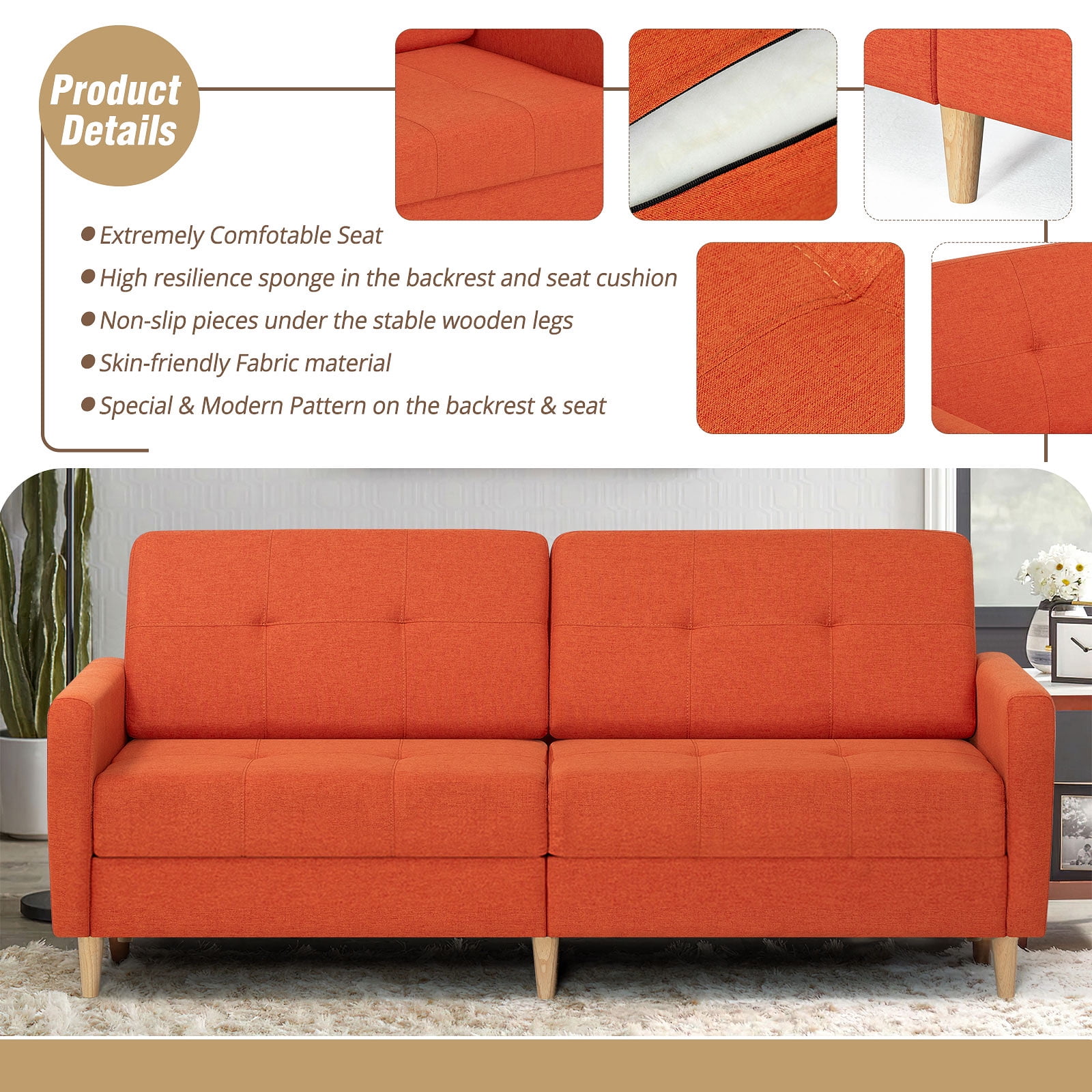 YYAo Modern Convertible Futon Sofa Bed, Upholstered Loveseat with Adjustable Armrests and Splitback for Living Room, Apartment, Office, Small Space, Orange YYAo Modern Convertible Futon Sofa Bed, Upholstered Loveseat with Adjustable Armrests and Splitback for Living Room, Apartment, Office, Small Space, Orange