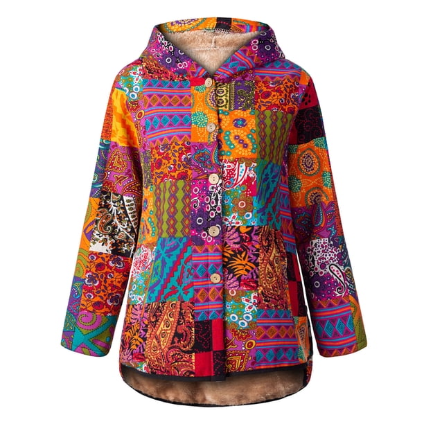 Chaqueta con capucha de lana para mujer Abrigo suelto con botones y bolsillos con estampado vintage Irfora Amarillo/5XL