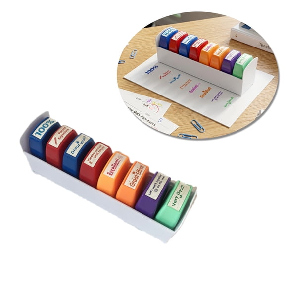 8 Pack Self-Inking Teacher Stamps, Motivational Grading Stamps with School Bus Tray, Classroom and Homeschool Supplies