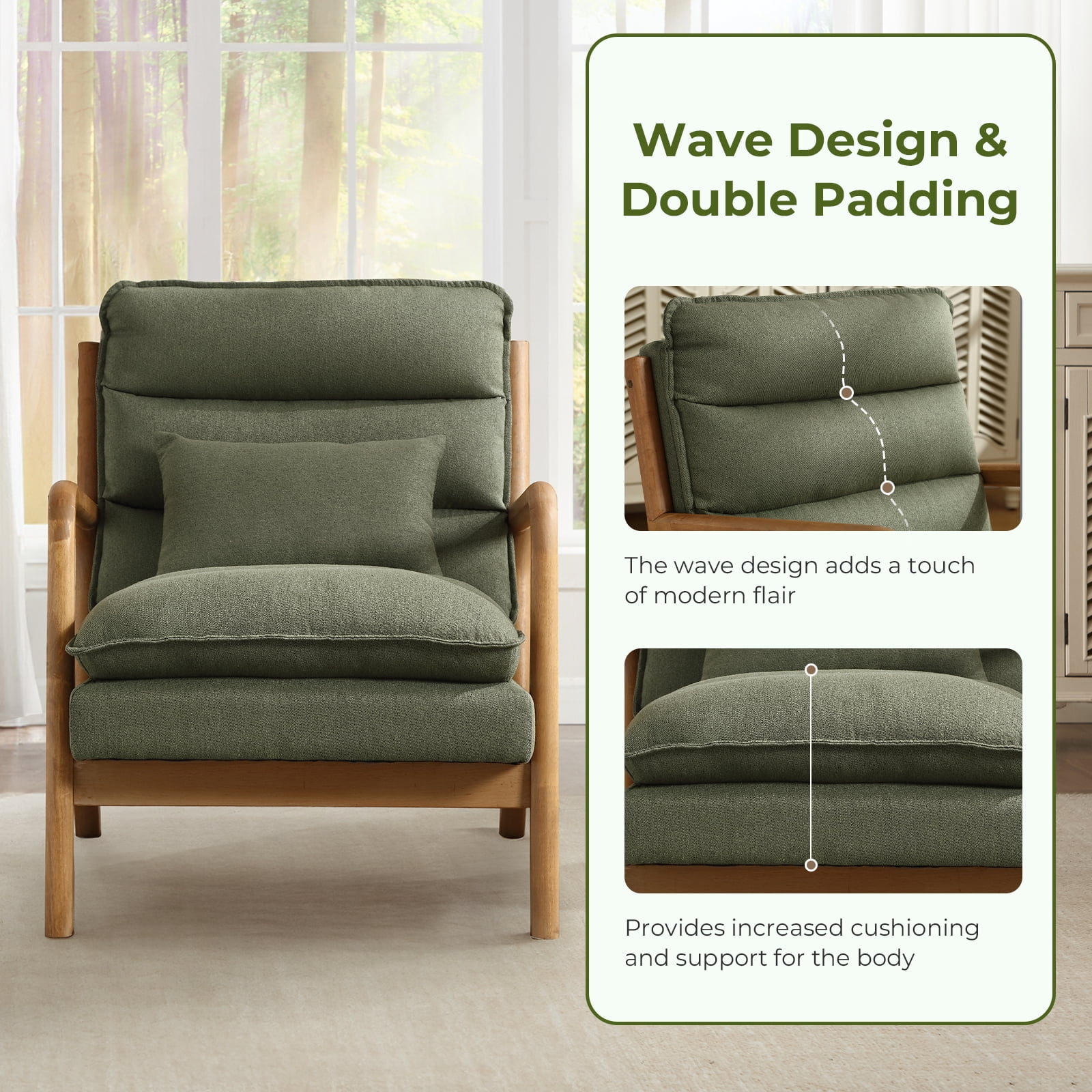 Ebello Mid Century Modern Accent Chair, Double-Padded Reading Armchair with Wood Frame & Lumbar Cushion for Living Room, Bedroom & Office, Green