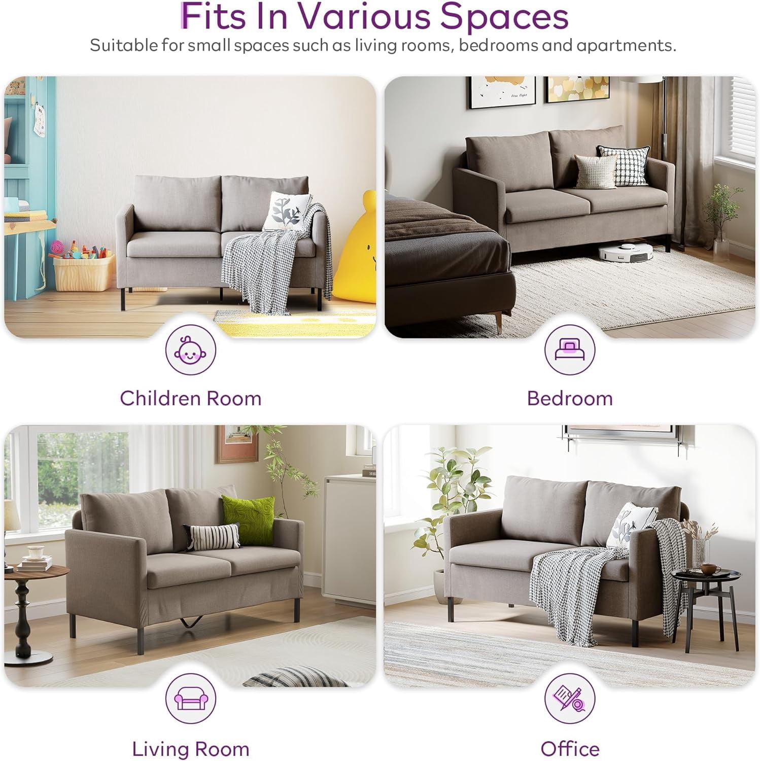 LAZZO 51" Modern Loveseat Sofa, 2-Seater Linen Fabric Couch for Bedroom & Office, Beige