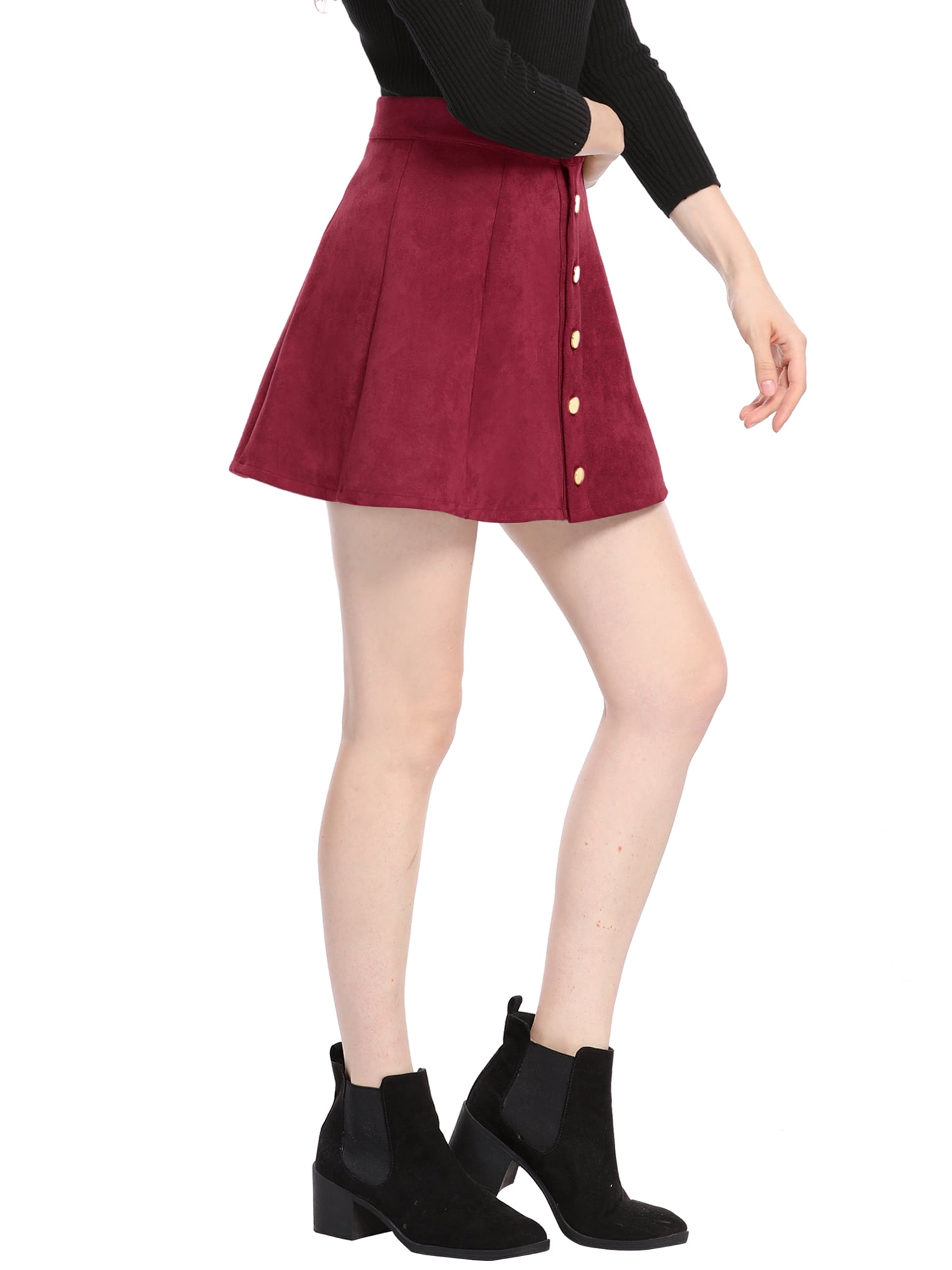 DARING DIVA Women's Faux Suede Button Front Mini A-Line Skirt L Dark Red