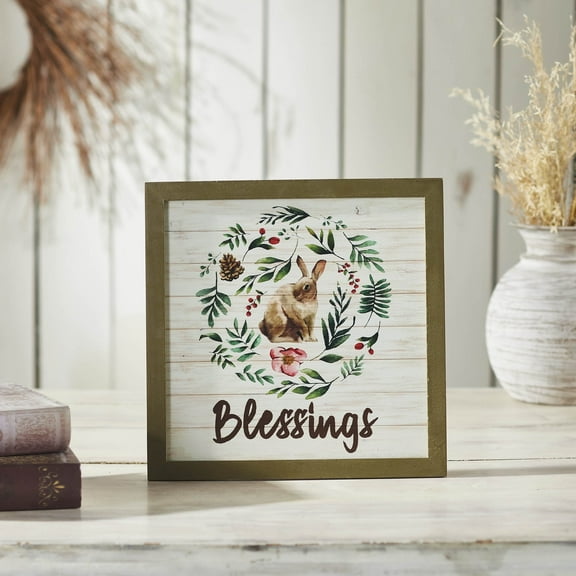 VHC Brands Bunny Hop Blessings Bunny & Wreath MDF Wall Sign 12x12, Spring Decor, Home Decorations for Wall or Door, Spring and Easter Hanging Decoration