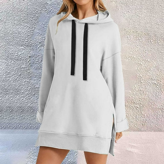 Chandail à Capuche pour Femmes Robe Longueur Genou Long Chandail-Over Hauts Fendus Automne Hiver Chandail en Peluche