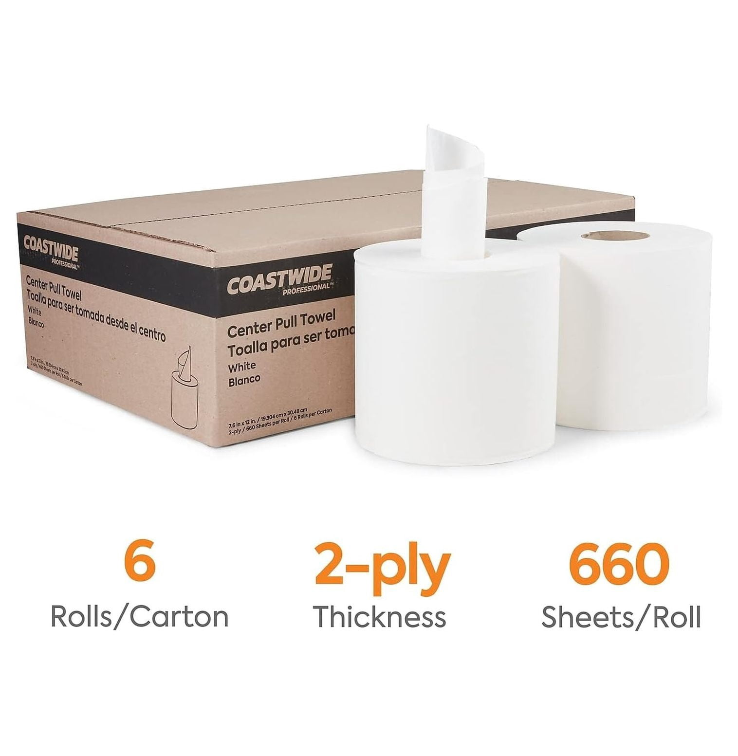 Coastwide Professional 2-Ply Paper Towels, Center-Pull, 1-Sheet Dispensing, Recycled, 660-Sheets Per Roll, 6-Pack, White