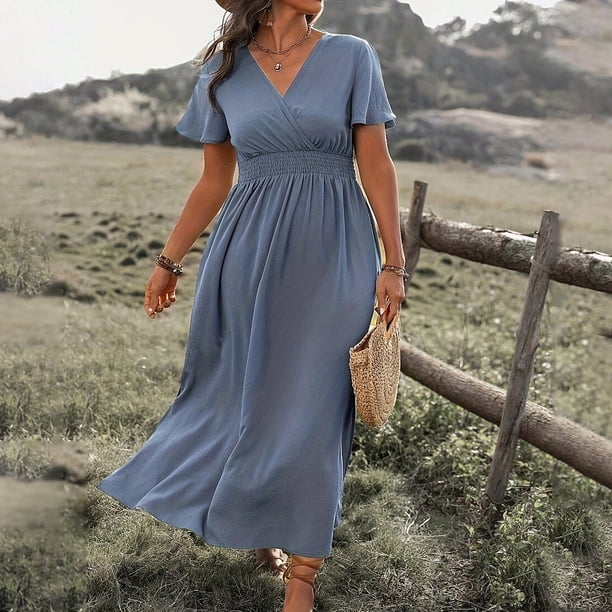 Abcnature Women's Casual Summer Solid Color V-Neck Short Sleeve Elastic  Waist Midi Dress with Side Slit - Stylish Split Hem Chiffon Dress for Women  | Comfortable Daily Wear & Party Outfit -