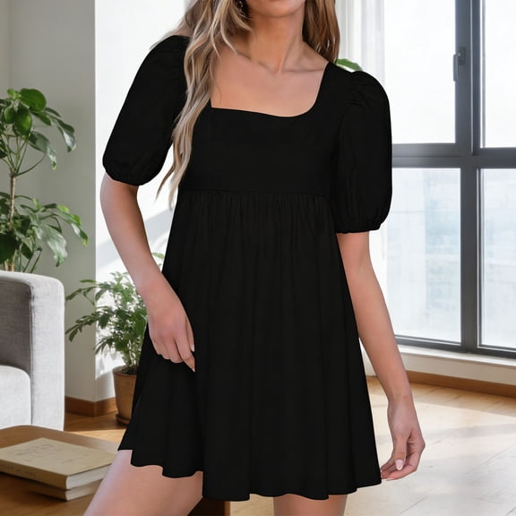 Aimik Ladies' Square Neckline Short Sleeve Solid Color Short Dress Summer Casual and Loose Womens Short Dress