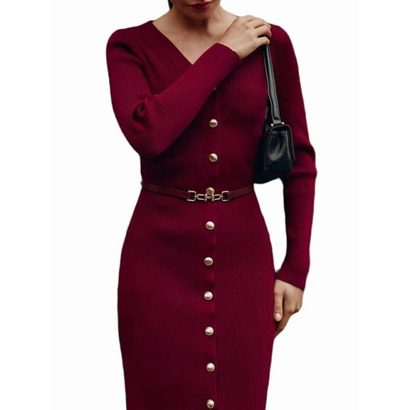 Women'S 2025 Fall Trendy Midi Sweater Dress Casual V Neck Long Sleeve Ribbed Knit Winter Bodycon Dresses Wine Red M
