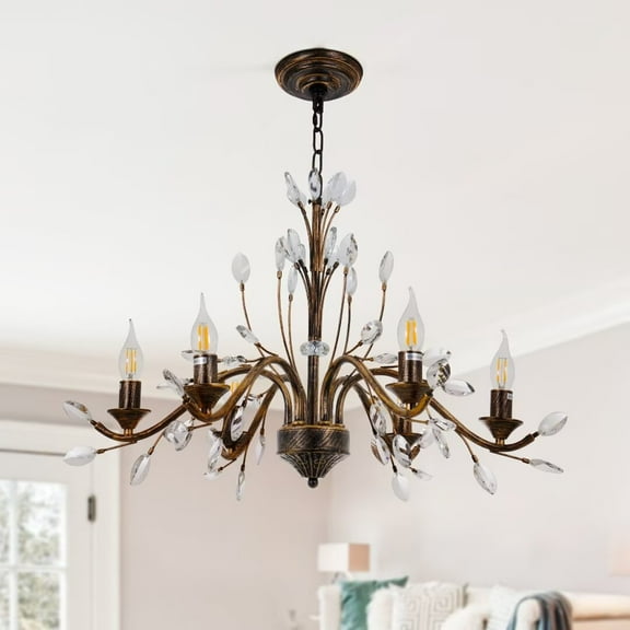 KPIBEST 6 Light Vintage Candle Chandelier, French Luxury Crystal Chandelier for Dining Room Foyer Living Room (D31.5 Inch x H43 Inch)
