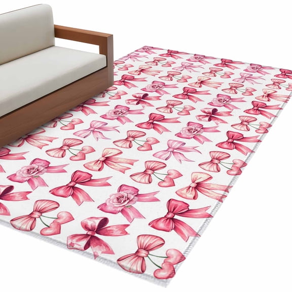 Aesthetic Bows Washable Area Rug 4 x 6 ft Pink Rose Bow Love Bow White Background, Soft Non Slip Rugs Stain Repellent Indoor Felt Carpet for Living Dining Room Bedroom Home Office