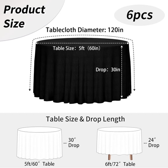 120 Inch Black Round Tablecloth, 6 Pack Round Table Cloth Polyester Fabric Washable Table Covers for Wedding, Party, Banquet, Dining, Birthday Events