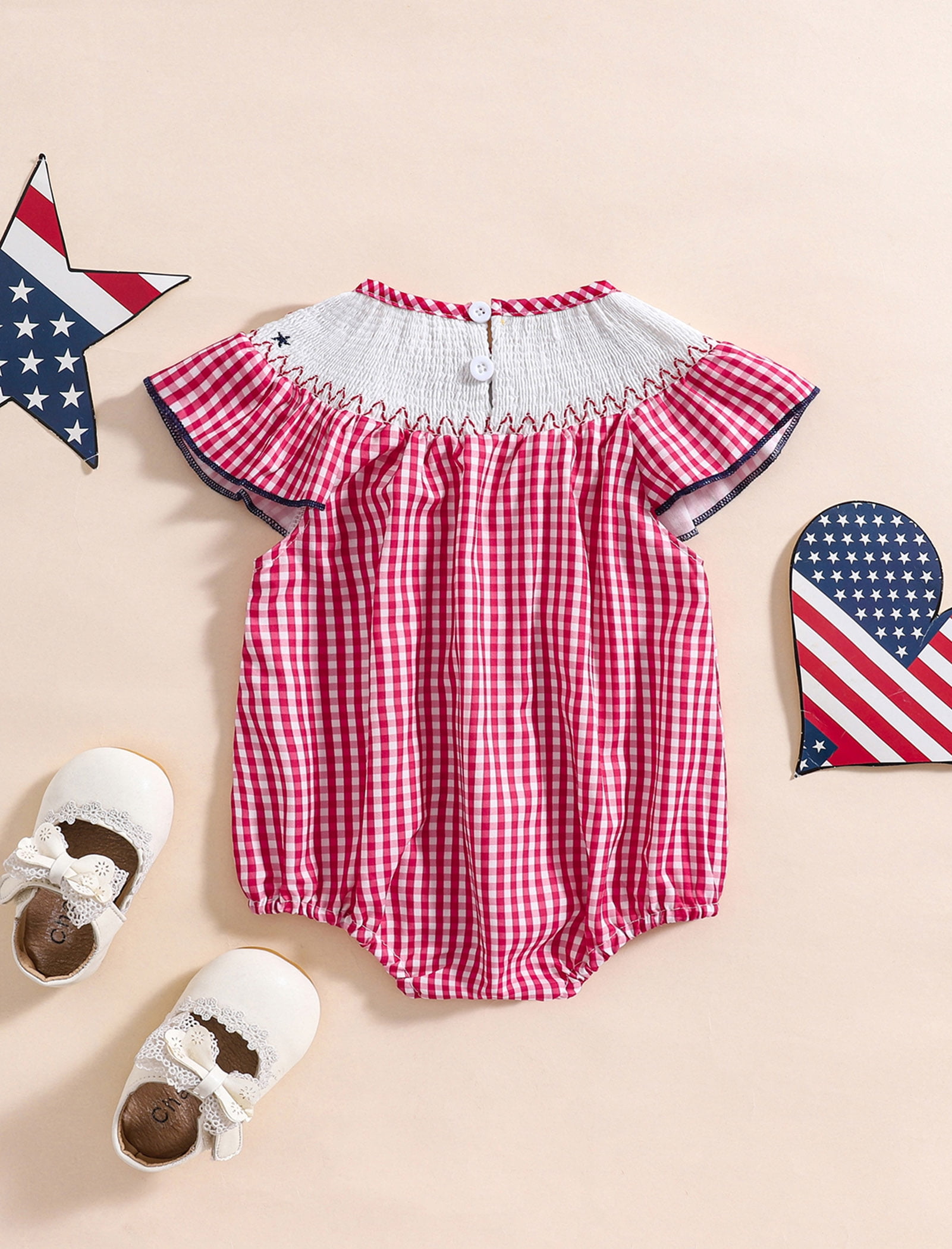 OBEEII Newborn Baby Boys Girls Smoked Romper Embroidery Round Neck Ruffle Sleeve Bubble Bodysuit Summer Clothes Causal Outfits