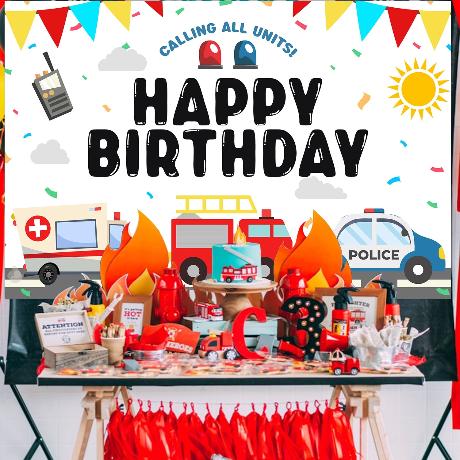 75Pcs First Responders Birthday Party Decor, Emergency Rescue Team Party Decor with Calling All Units Backdrop Blue Red Yellow Balloon Garland Arch Kit for Ambulance Fire Truck Police Party Supplies