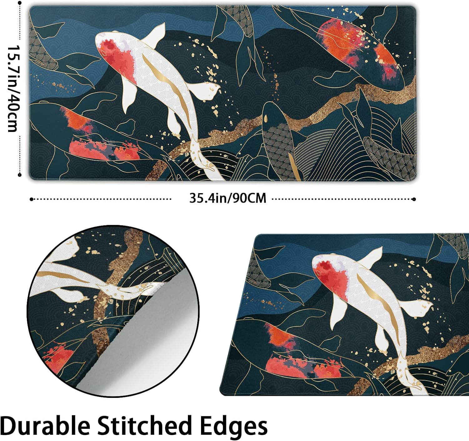 Japanese Anime Gaming Mouse Pad XXL Red White Koi Fish Art Blue Gold Texture Extended Big Large Desk Mat Non-Slip Rubber Base Stitched Edge Long Keyboard Mousepad for PC Computer Laptop,35.4×15.7 in