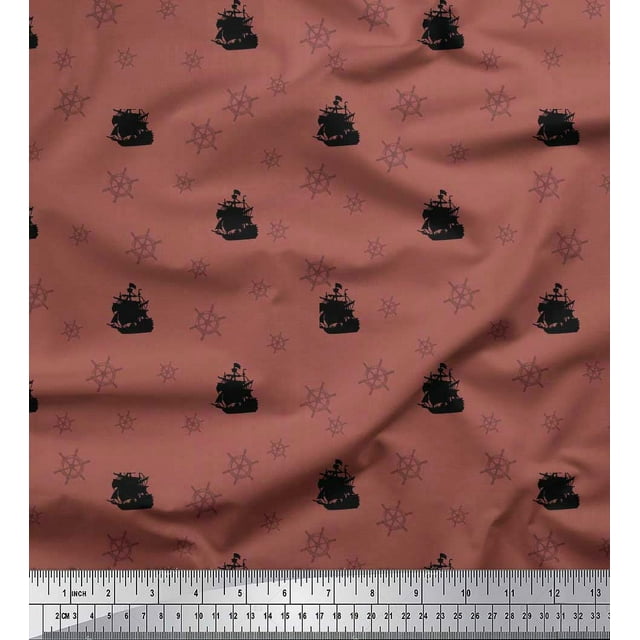 Soimoi Tissu en Voile de Coton Marron Imprimé Nautique Navire & Roue 1 Yard 42 Pouces de Large