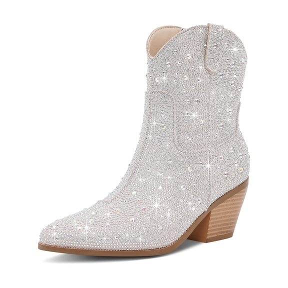 RONILURN Sparkly Rhinestone Cowgirl Boots for Women, Western Block Heel Ankle-High Cowboy Boots Pointy Toe, Block Heel
