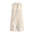 thumbnail image 5 of WULMLEO Summer Rompers For Women V Neck Sleeveless Button Front Pants Casual Loose Fit Cotton Short Jumpsuits With Pockets Beige M, 5 of 6