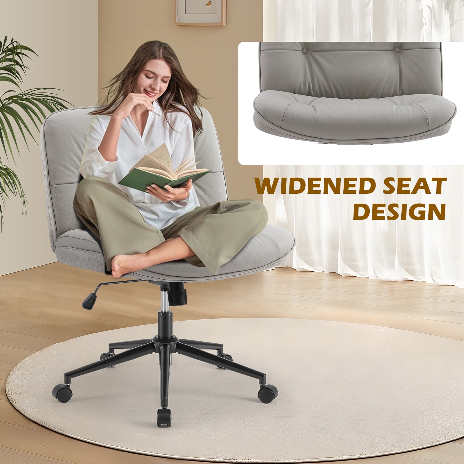 GIANNA Armless Office Desk PU Leather Wide Seat with Wheels, Criss Cross Legged Chair, Height Adjustable, Swivel, For Home Bedroom Office - Khaki