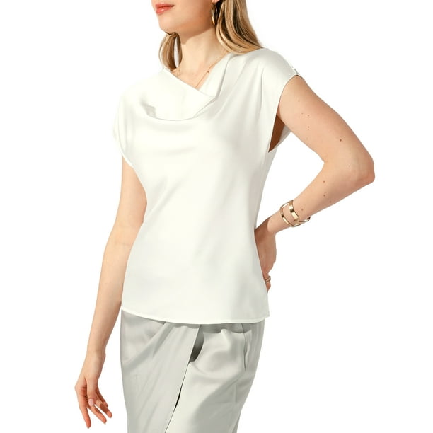 Inspire Chic Conjunto Top de Satén para Mujer con Cuello de Cowl, Manga Corta, Blusa Casual Elegante, L Blanca