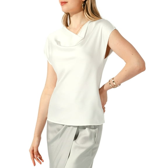 INSPIRE CHIC Satin Top for Women's Cowl Neck Short Sleeve Dressy Casual Blouse S White