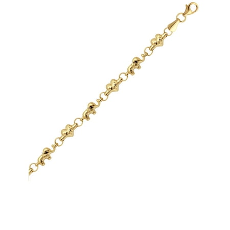 14k Yellow Gold Bracelet with Diamond-Cut Heart and Baby Elephant Links