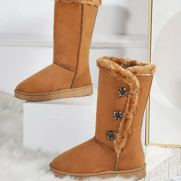 Women Snow Boots Winter Mid-calf Boots Warm Cotton Shoes Cold Fashion Solid Color Button Ladies Brown Long Boots Plus Size 42 (Brown,39)
