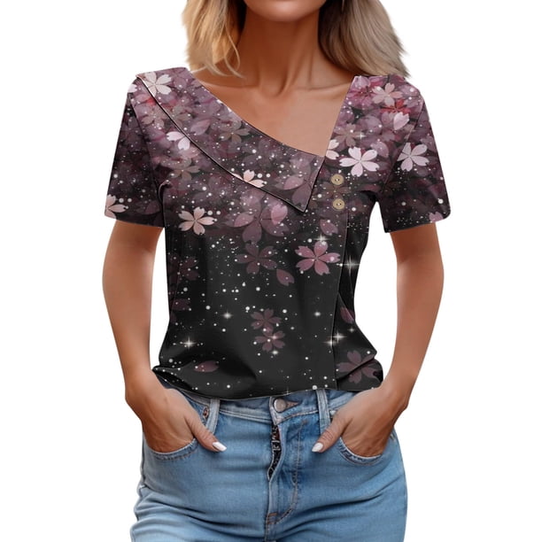 Camisetas de Manga Corta para las Mujeres Impresas Primavera Verano Botón de la Camiseta Casual, Camisetas de Mujer Casual