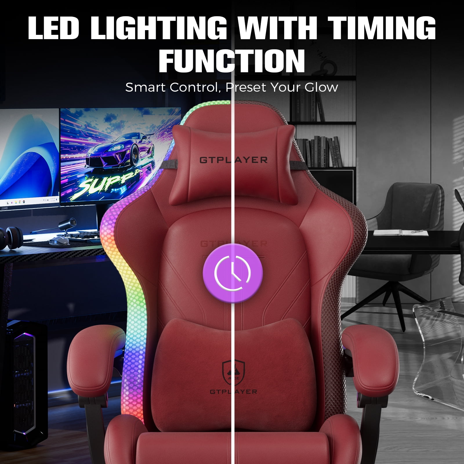 GTPLAYER RGB Gaming Chair with Timed LED Lights, 400LBS Capacity Gaming Office Chair with Reclining Backrest & Retractable Footrest for Gaming & Office, Red